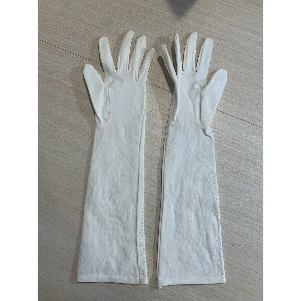 Vintage Gloves~WEAR-RITE White Cotton Gloves Beaded Design Wedding-Bridal 6.5